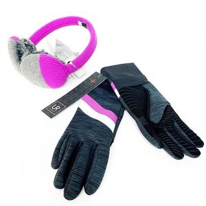 Pink & Grey Knit Earmuff Headphones • Fleece Lined Gloves Set • NWT